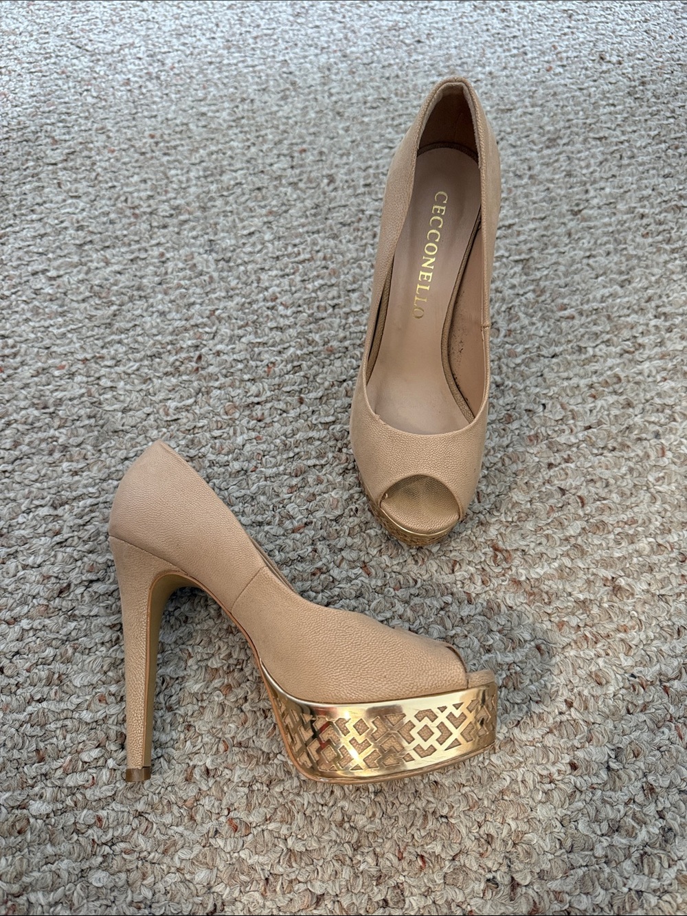 Nude Peep-Toe Platform Heels with Gold Trim